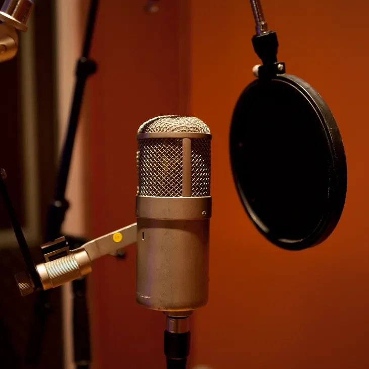 A microphone and a recording equipment in a room.