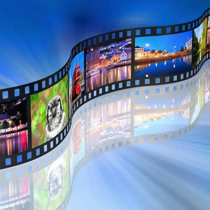 A film strip with many pictures of different places.